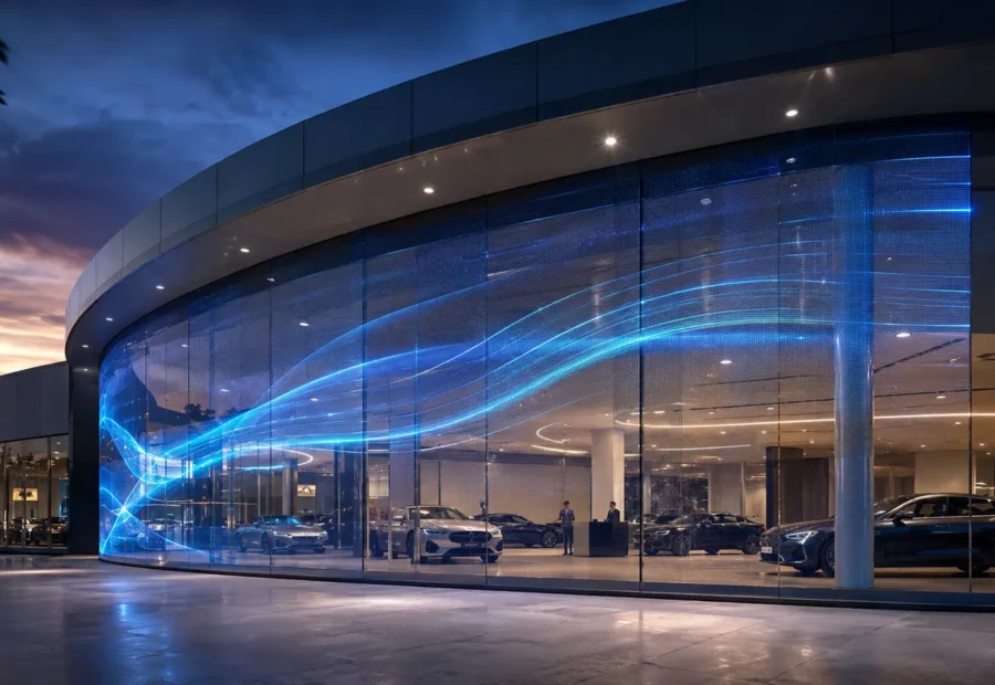 Auto-salon sa transparentnim LED sadržajem — koncept